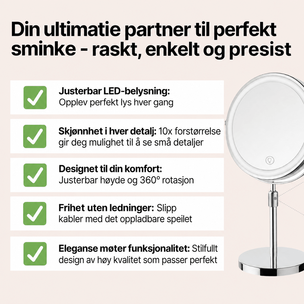 LumiGlow Pro intelligent sminkespeil med justerbart LED - lys og 10x forstørrelse - AVABeauty.no