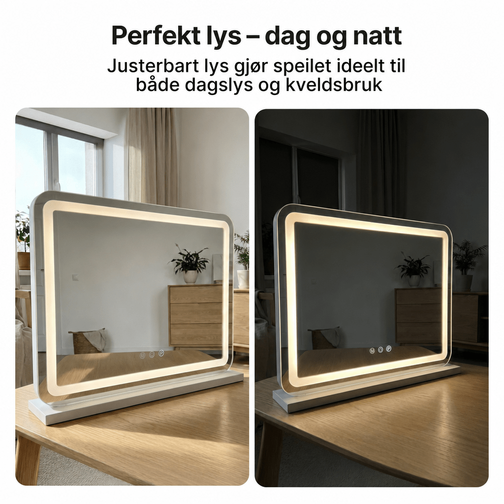 Makeup speil med lys (58x48 cm) - Dæmpbar og 3 - farvet lys med USB Lading og forstørrelsesglass - AVABeauty.no