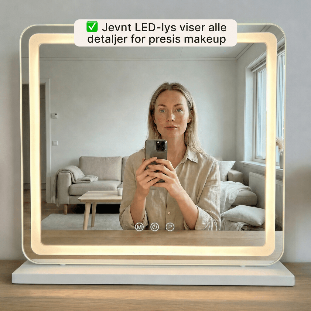Makeup speil med lys (58x48 cm) - Dæmpbar og 3 - farvet lys med USB Lading og forstørrelsesglass - AVABeauty.no