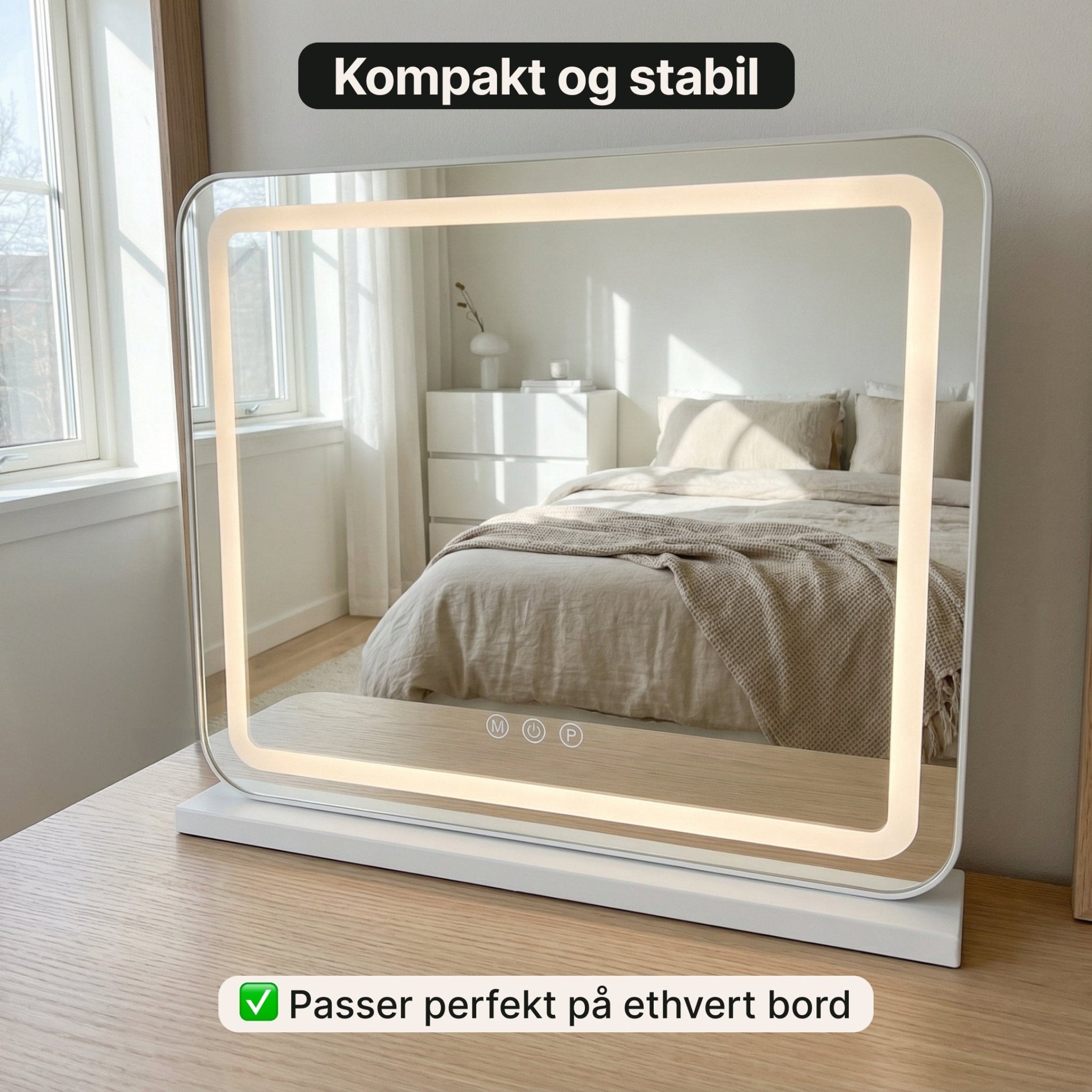Makeup speil med lys (58x48 cm) - Dæmpbar og 3 - farvet lys med USB Lading og forstørrelsesglass - AVABeauty.no