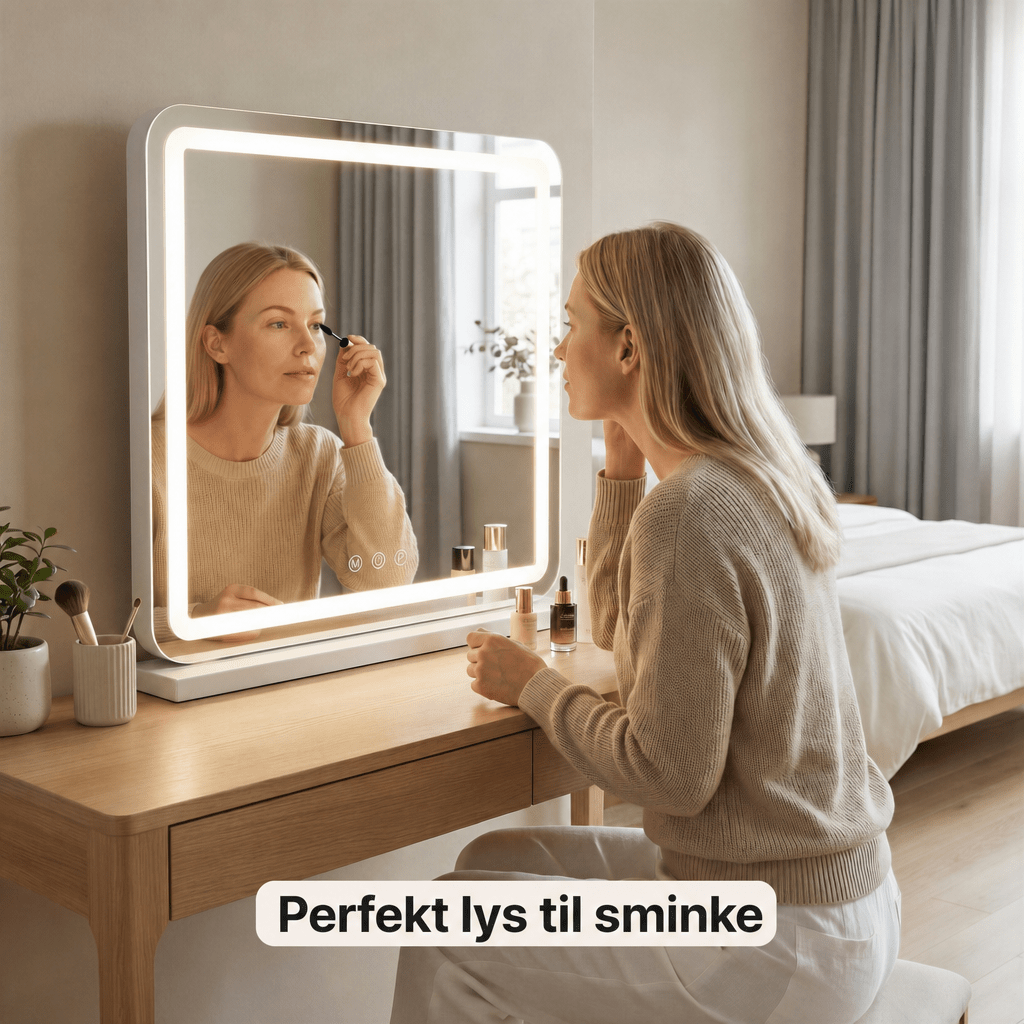 Makeup speil med lys (58x48 cm) - Dæmpbar og 3 - farvet lys med USB Lading og forstørrelsesglass - AVABeauty.no