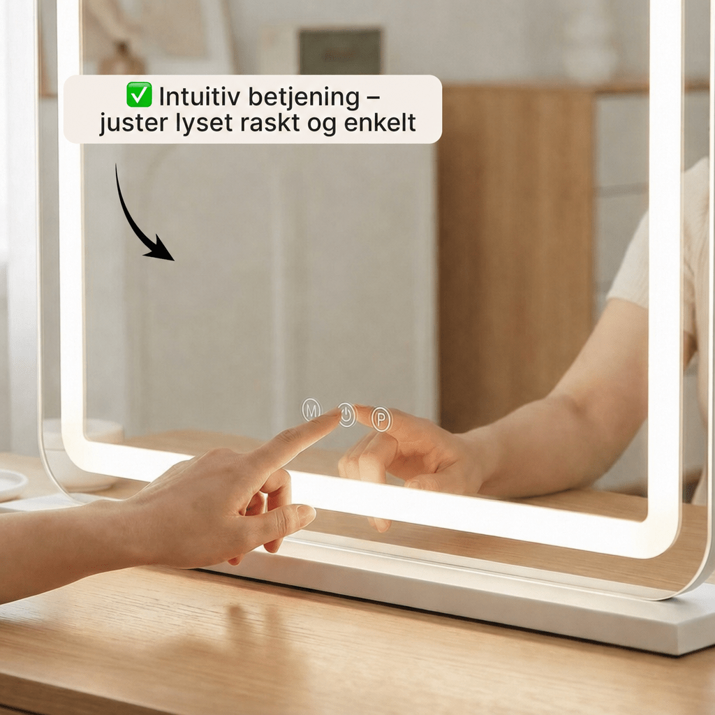 Makeup speil med lys (58x48 cm) - Dæmpbar og 3 - farvet lys med USB Lading og forstørrelsesglass - AVABeauty.no